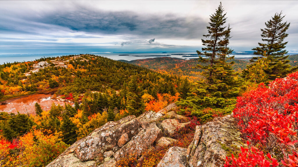 The view of fall in Acadia near Bar Harbor, Maine.