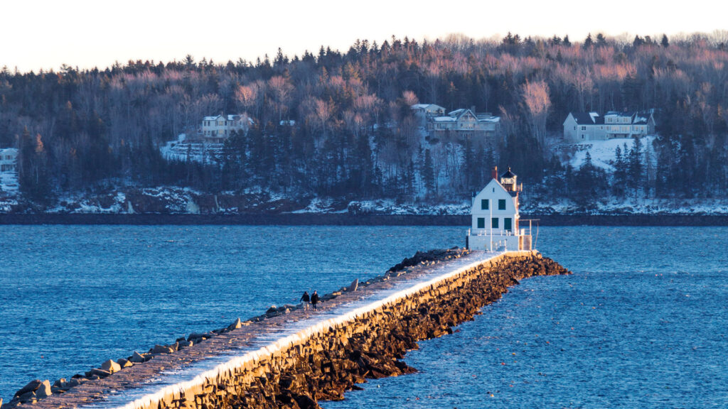 The Rockland Breakwater in winter.