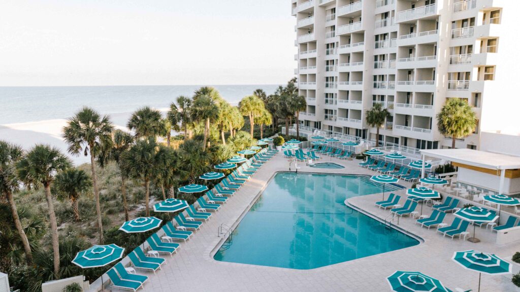 An aerial view of the pool at The Resort at Longboat Key Club.