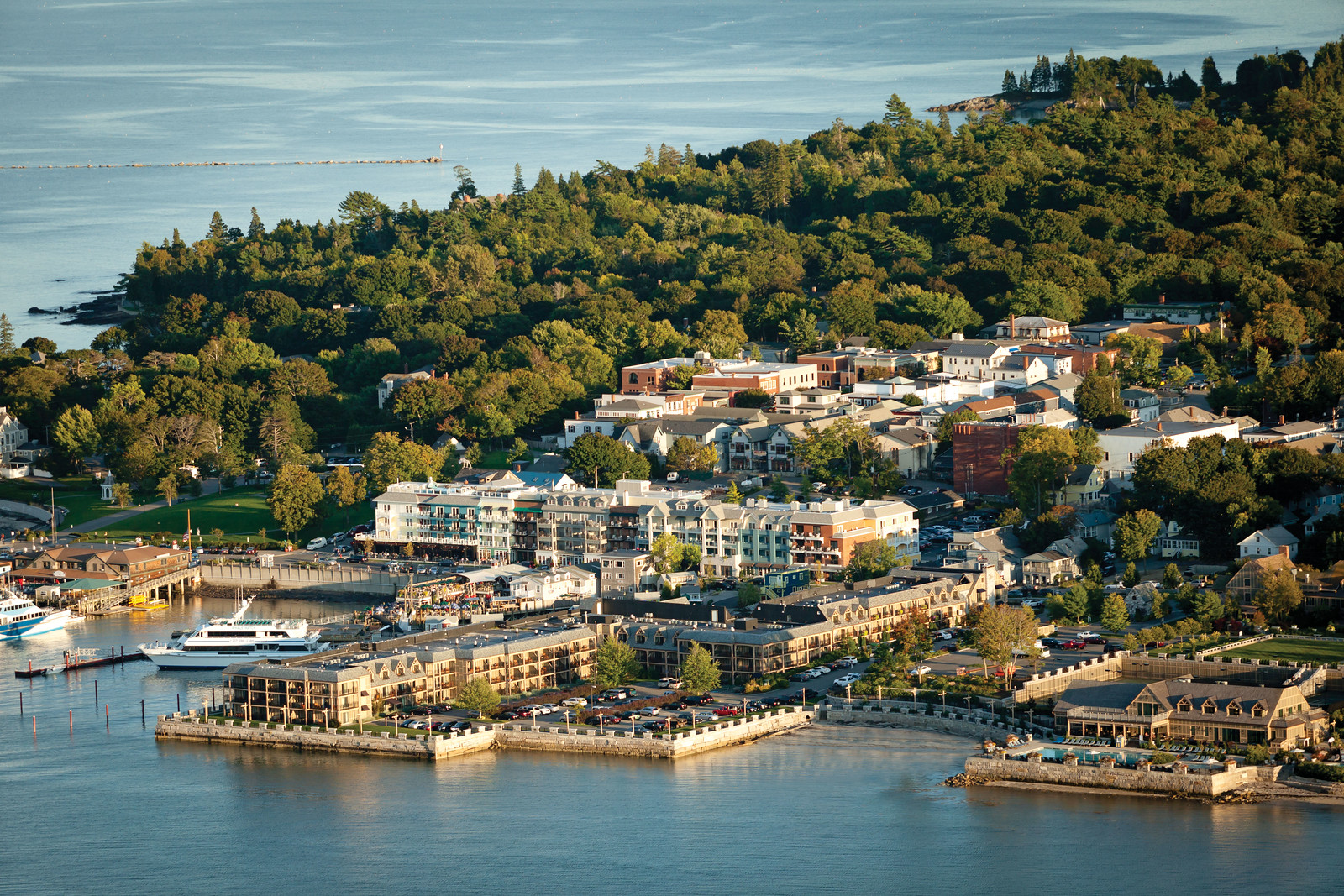 Aerial view of a picturesque coastal town surrounded by lush greenery. The town features numerous buildings along the waterfront, with boats docked in a marina. The calm, blue water reflects the serene environment under a clear sky.