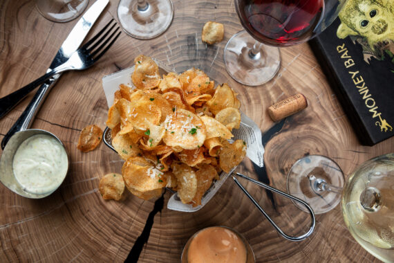 homemade chips served in fryer basket