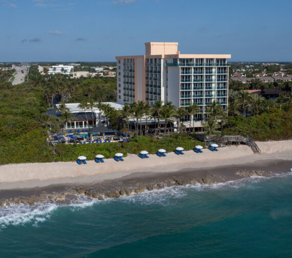 A coastal hotel with a multi-story building surrounded by palm trees, located near a sandy beach. Blue and white umbrellas line the shore under a clear sky, with the ocean waves gently lapping at the sand. Roads and greenery are visible in the background.