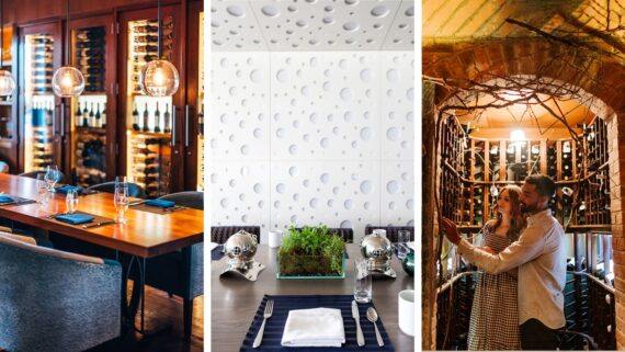 A cozy restaurant with a wine wall and set tables, a modern dining area with abstract wall design and globe decor, and a couple enjoying a wine cellar with hanging branches and exposed brick.