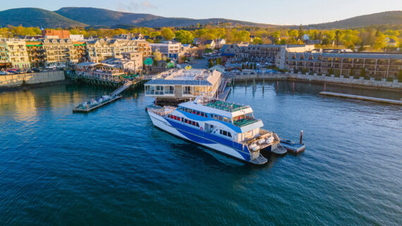 A large white and blue tour boat is docked in Frenchman Bay in Bar Harbor and surrounded by buildings and trees, with hills in the background and calm water reflecting the scene at sunset.