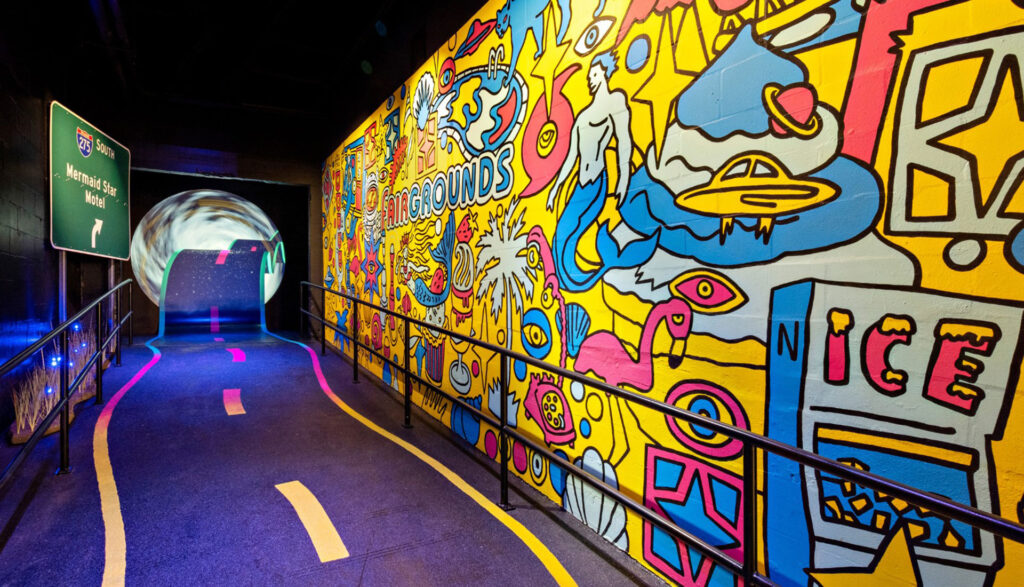 The main entrance leading into the 20 different art spaces of Fairgrounds St. Pete.