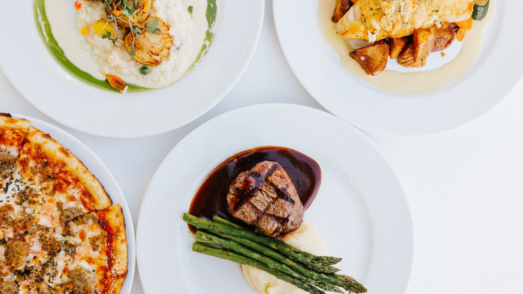 Seafood, steak, and pizza dishes at Drift Kitchen & Bar in Jensen Beach, Florida.