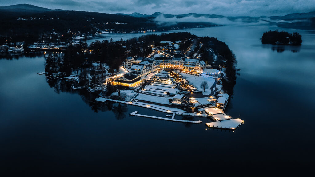 An aerial view of The Sagamore at dusk.