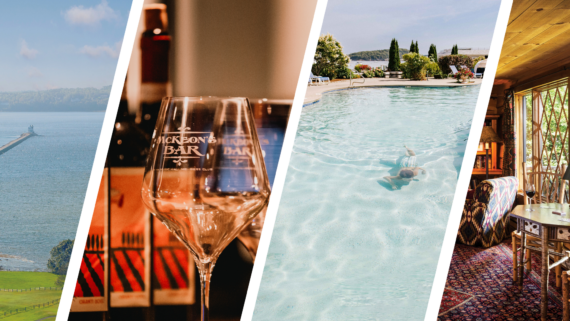 A split image showing a lakeside view, wine glasses at a bar, a person swimming in a pool, and a cozy, rustic indoor seating area with sunlight coming through large windows.