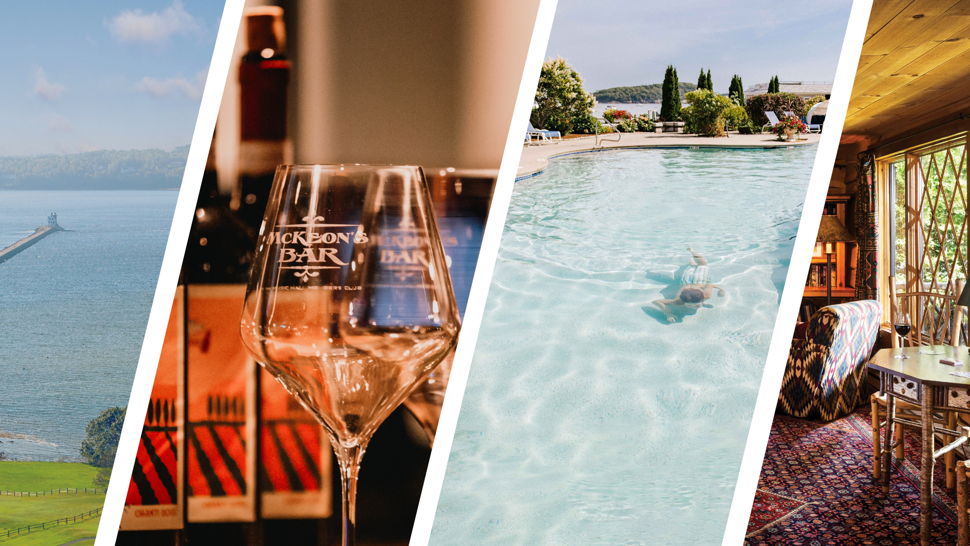 A split image showing a lakeside view, wine glasses at a bar, a person swimming in a pool, and a cozy, rustic indoor seating area with sunlight coming through large windows.