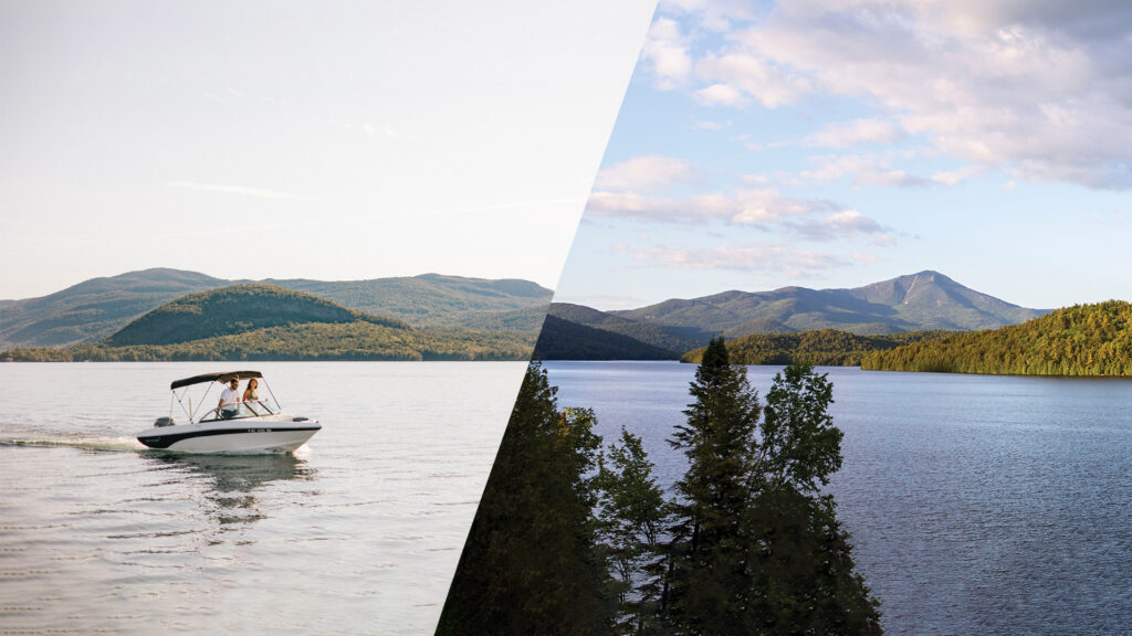A collaged together view of Lake George and Lake Placid in the Adirondacks of New York.