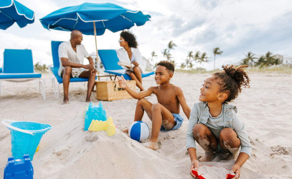 A family enjoys a beach day in Delay Beach, Florida.