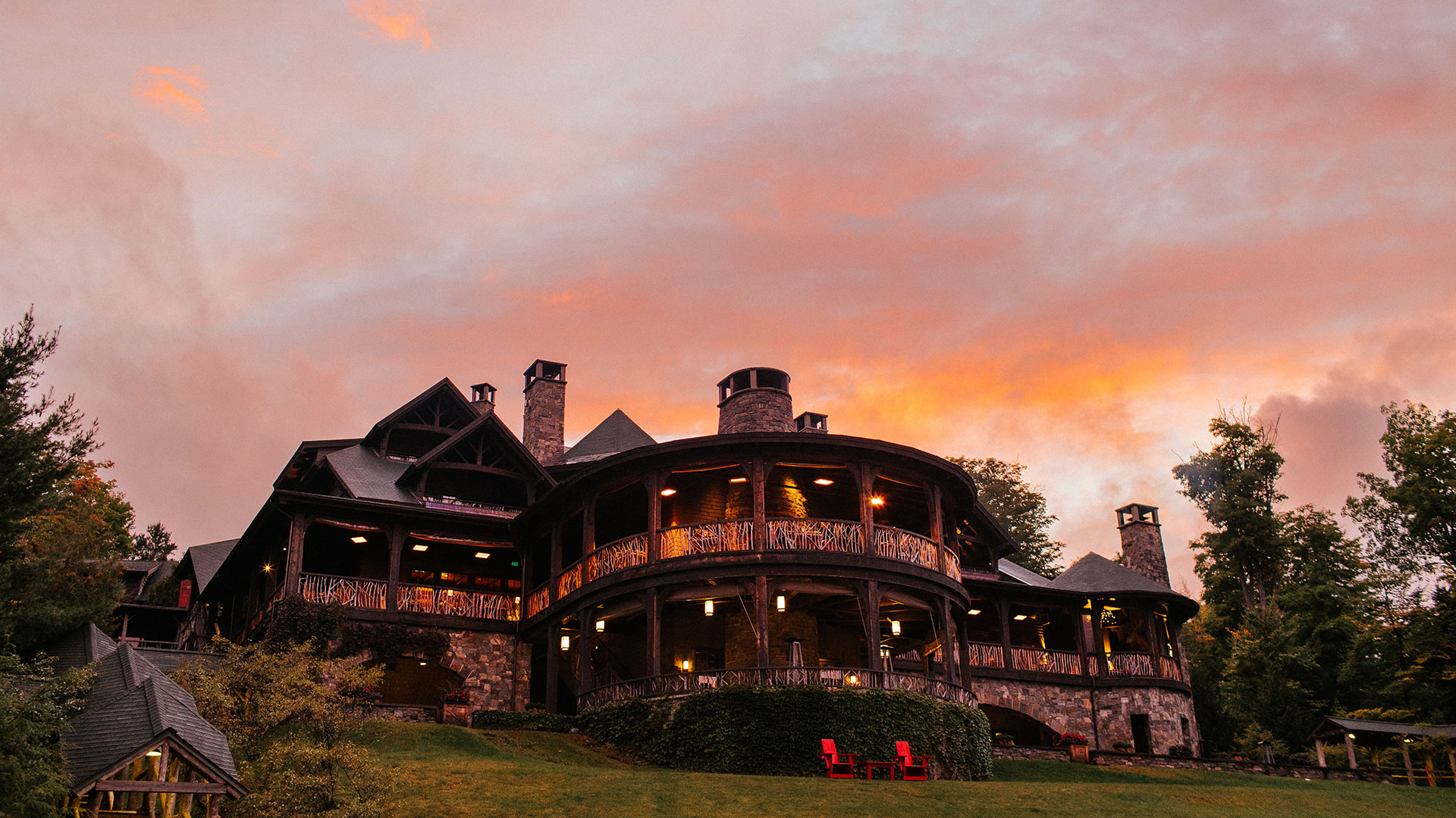 Sunset over Lake Placid Lodge in Lake Placid, New York.