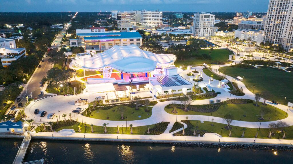 An aerial view of The Sound at Coachman Park in Clearwater, Florida.