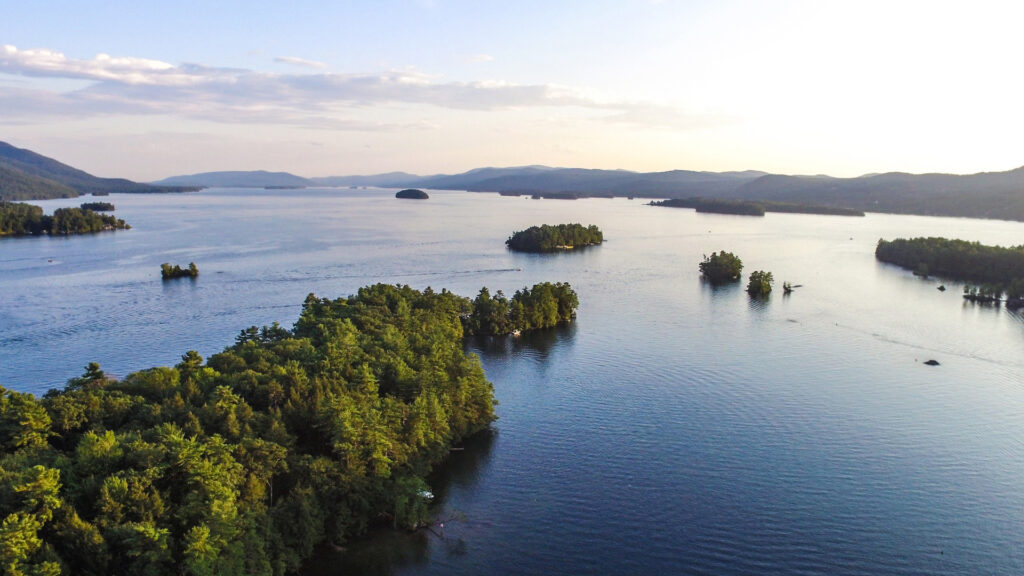 An aerial view of the clean and clear water of Lake George in the Adirondacks of New York.