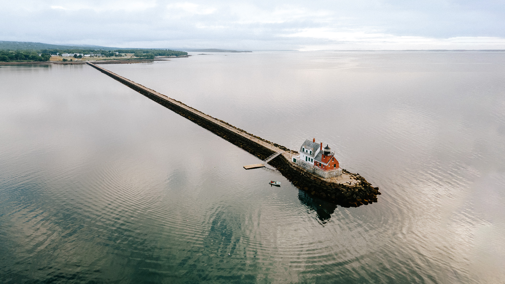 An aerial view of the Rockland Breakwater Lighthouse in Rockport, Maine.
