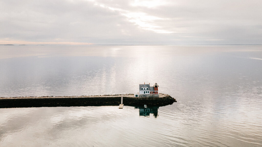 The lighthouse at the end of the Rockland Breakwater in Rockport, Maine.