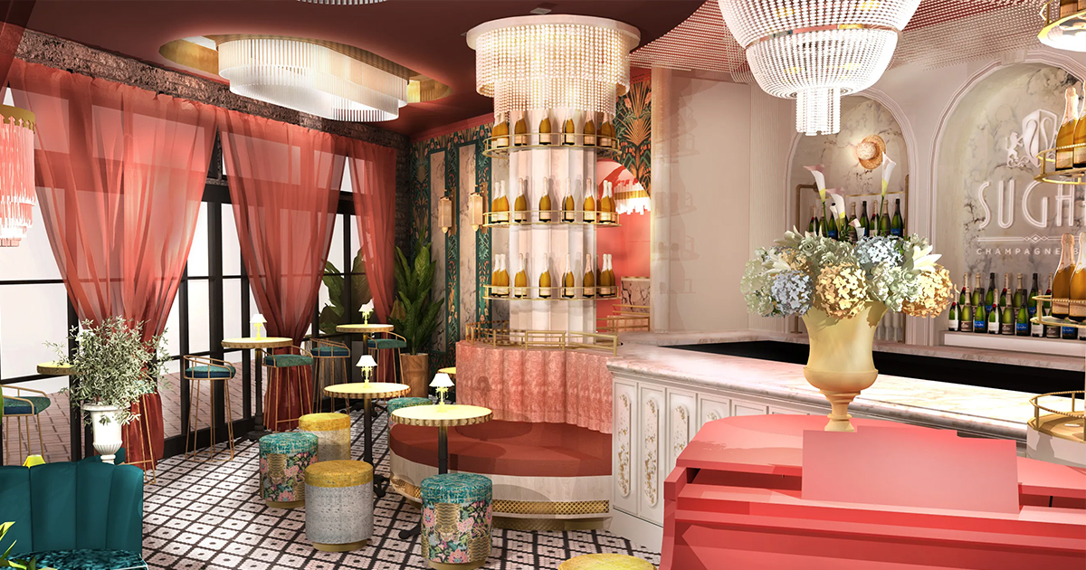 A rendering of the beautiful interior of Sugar Champagne Bar, a restaurant coming to Sarasota in spring of 2025.