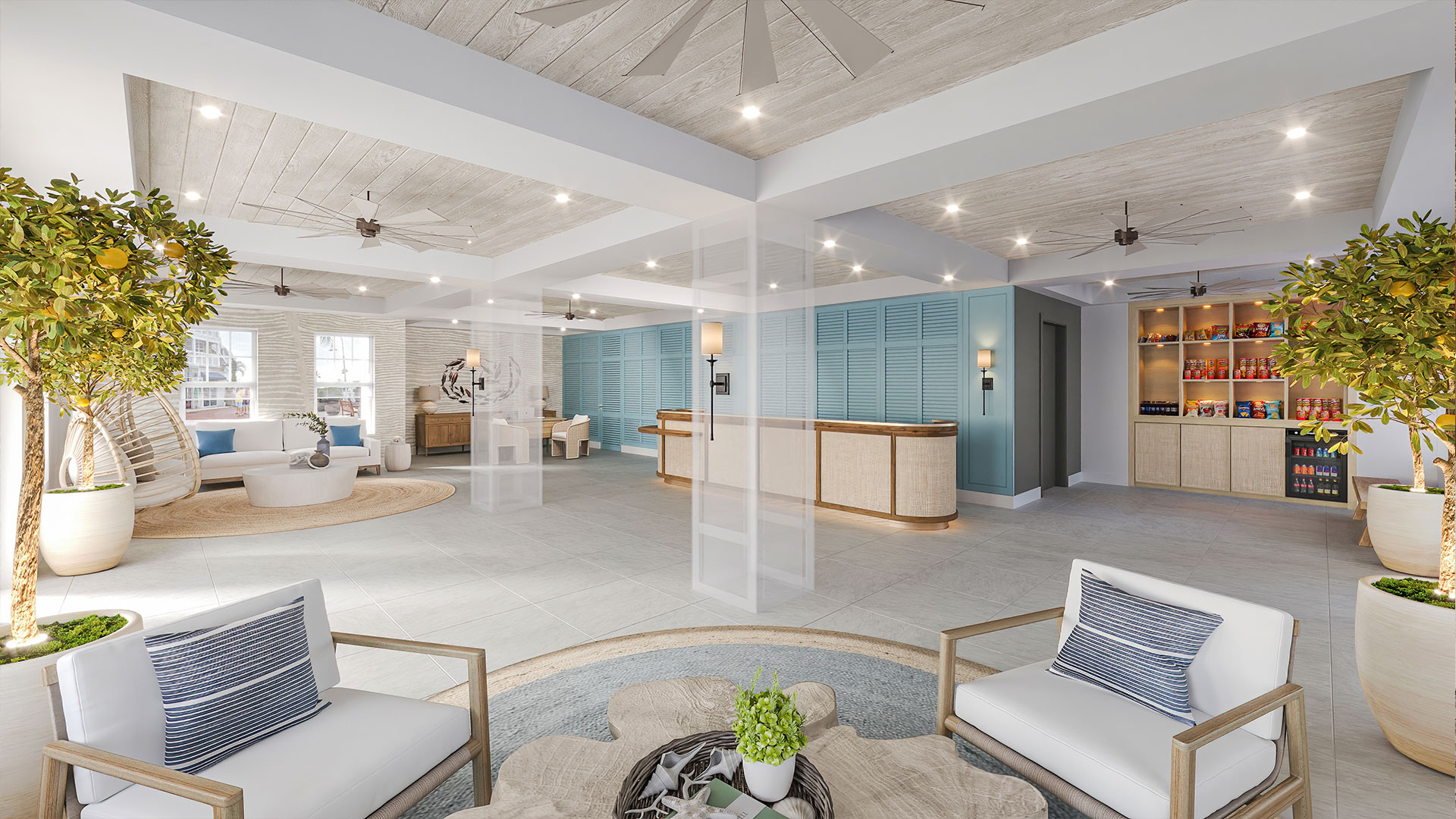 Opal Key's brand-new modern lobby with light wood ceilings and floors, blue accent walls, and beige furnishings. 