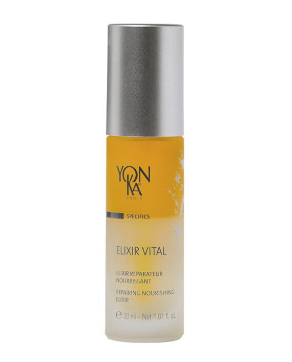 A 30ml bottle of Yon-Ka Paris Elixir Vital, a repairing and nourishing elixir, with a gradient yellow and clear design and a silver cap.