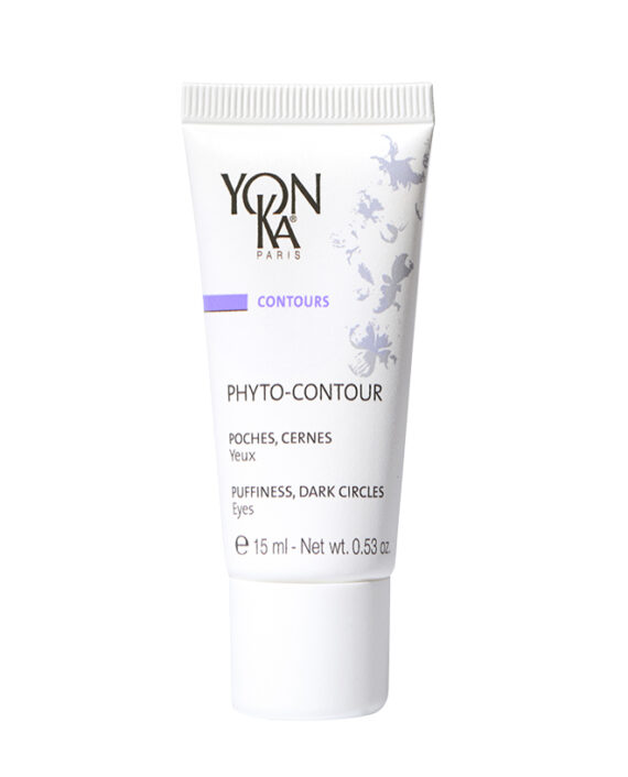 A white 15 ml tube of Yon-Ka Paris Phyto-Contour cream for puffiness and dark circles around the eyes, with purple and silver text and botanical graphics on the packaging.