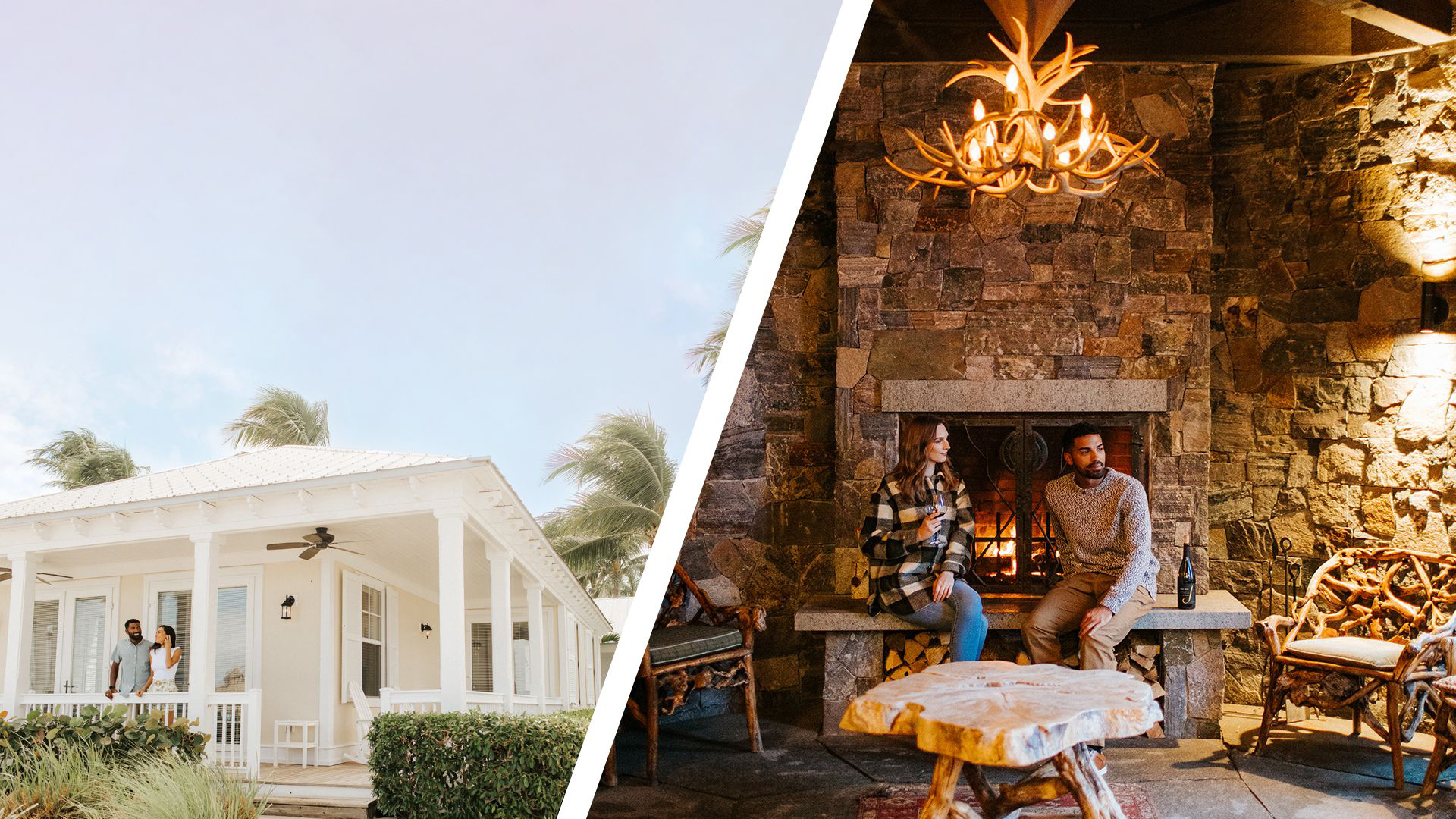 Split image: On the left, two people stand on the porch of a white house at Your Best First Leg Travels Hotel, framed by palm trees. On the right, two people relax by a stone fireplace inside a cozy, rustic room with antler decor.