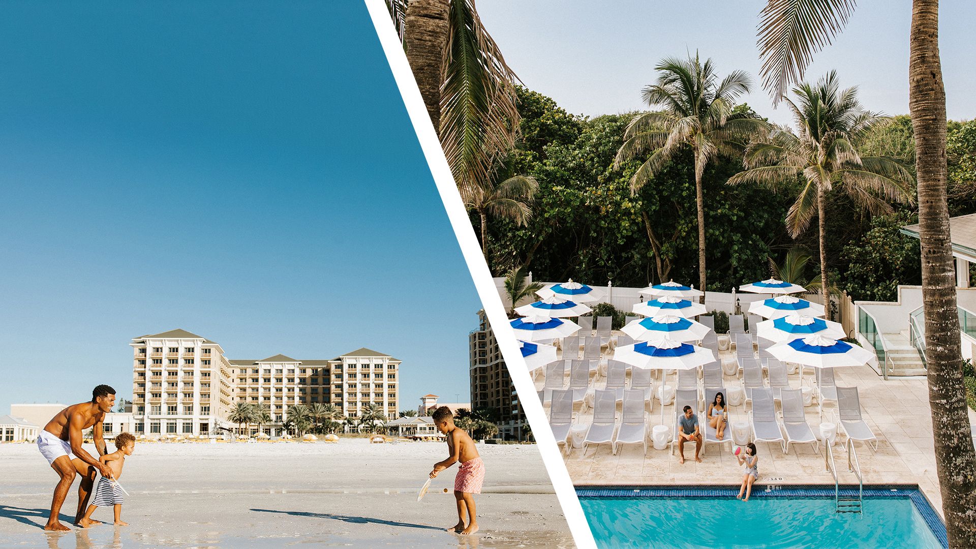 A split image: on the left, a man and two children play on a sandy beach in front of Your Best First Leg Travels Hotel; on the right, people relax by a pool surrounded by white lounge chairs and blue-striped umbrellas, with palm trees in the background.