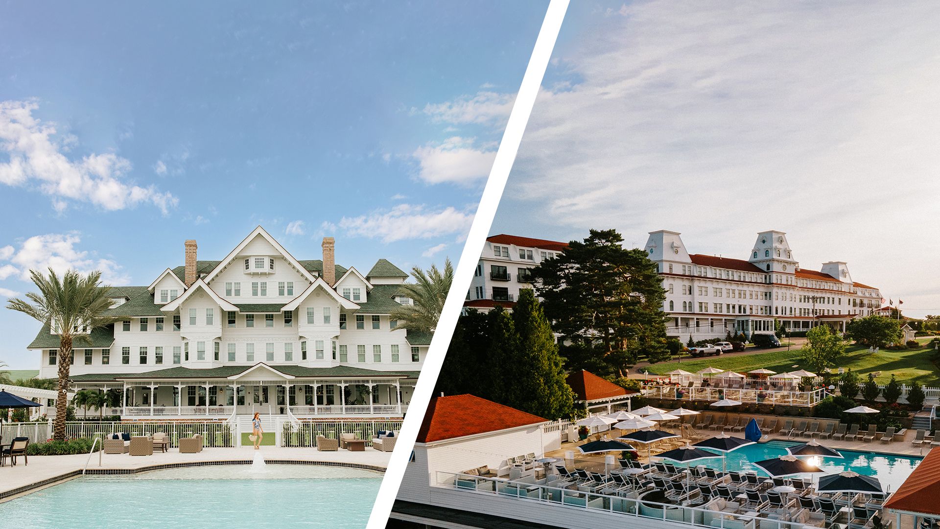Split image showing two large, elegant white hotels with multiple stories. The left side features palm trees and a pool, while the right highlights Your Best First Leg Travels Hotel overlooking a terrace with pools, umbrellas, and outdoor seating.