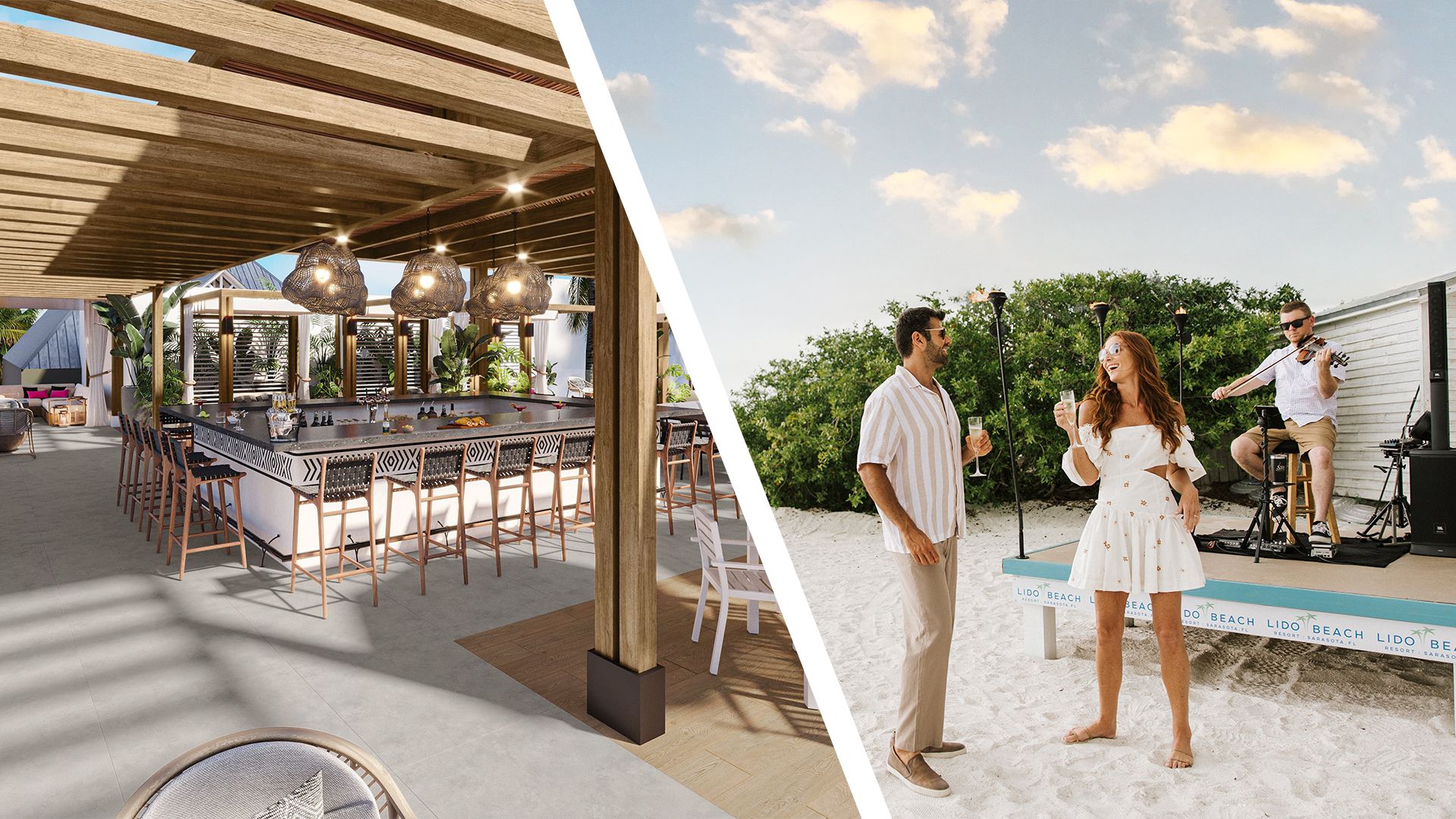 Split image: On the left, a stylish open-air bar at Your Best First Leg Travels Hotel with wooden beams, hanging lights, and barstools. On the right, a couple smiles and dances on sand near a musician playing saxophone on a small stage.