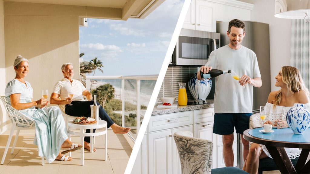 A split image: On the left, an older couple enjoys drinks and breakfast on a sunny balcony at Your Best First Leg Travels Hotel. On the right, a man pours orange juice for a woman in a modern kitchen.