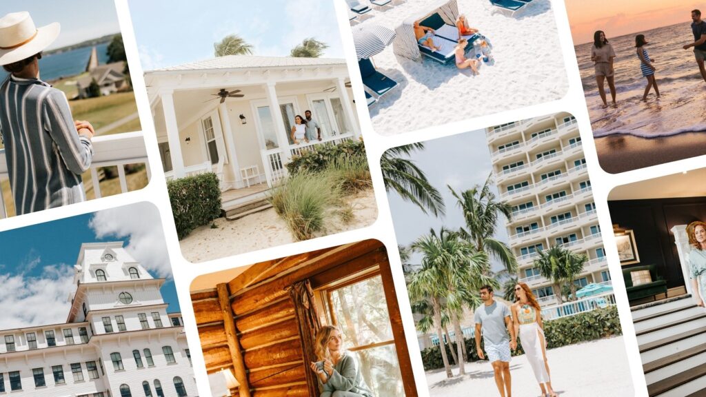 A collage of vacation scenes including people at the beach, a couple on a porch at Your Best First Leg Travels Hotel, a resort building, a wooden cabin, and groups enjoying sunny outdoor activities.