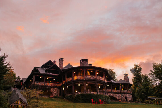 lake placid lodge exterior during sunset