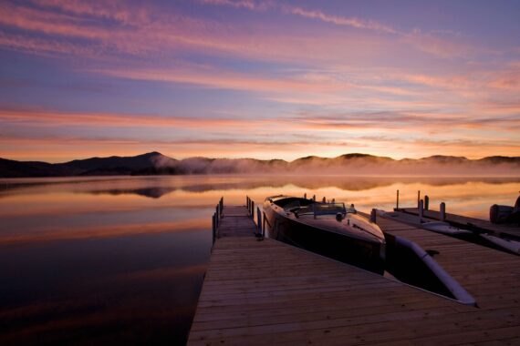 The dock at Lake Placid Lodge at sunset.