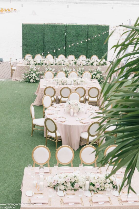 wedding dinner outdoor setup at sandpearl beach
