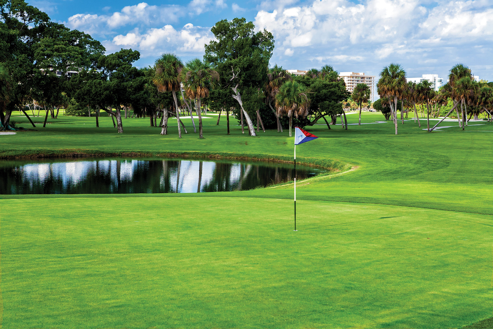 View of hole on golf course with pond and flag