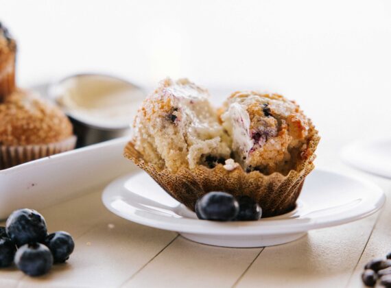 A detail shot of a blueberry muffin.
