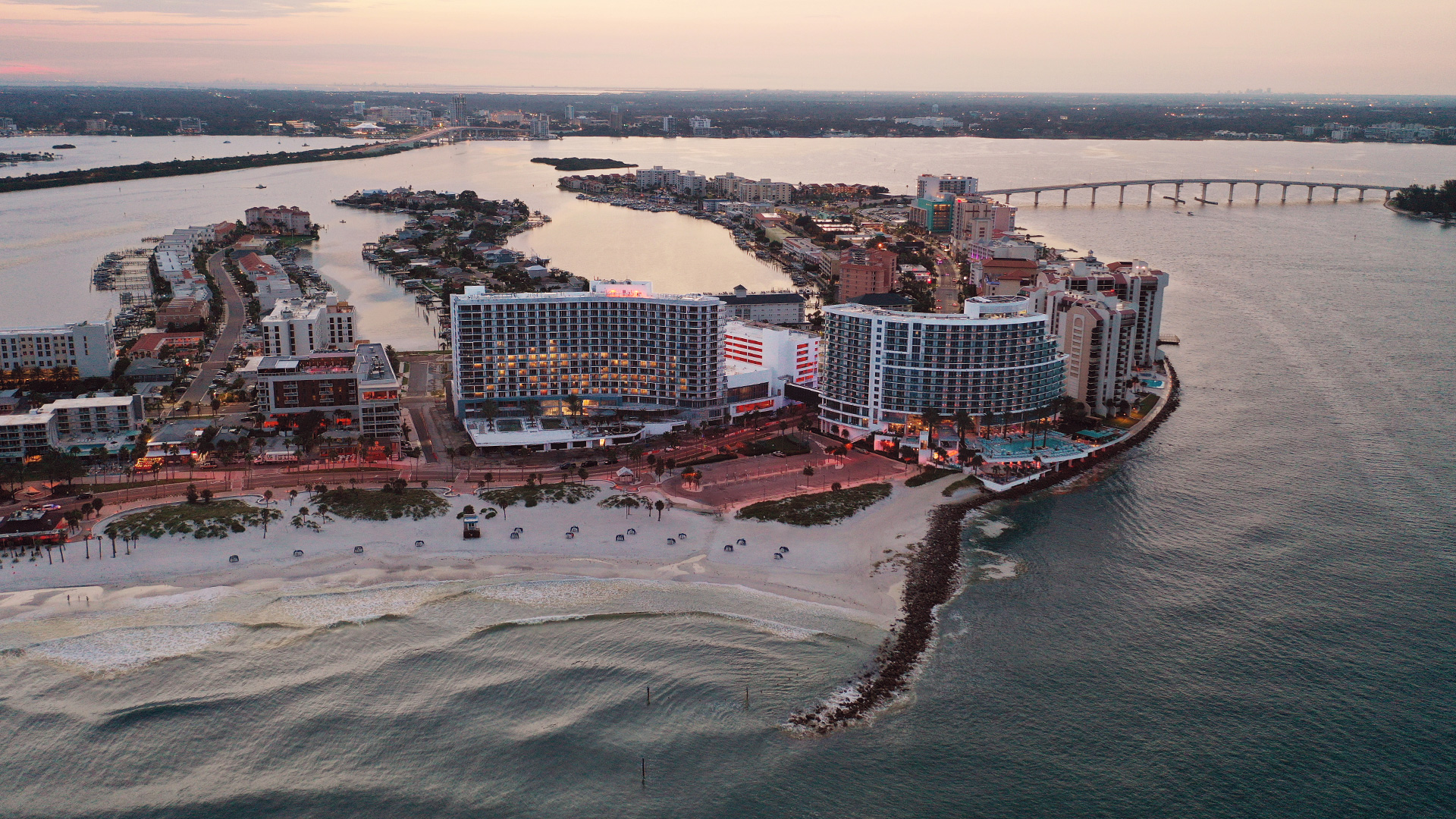 An aerial view of new hotels in Clearwater Beach Florida, Opal Sol & Opal Sands.