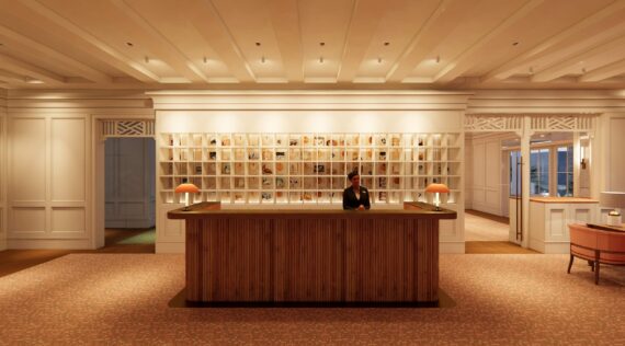 A rendering of the front desk at Olde Naples Hotel in Naples, Florida.