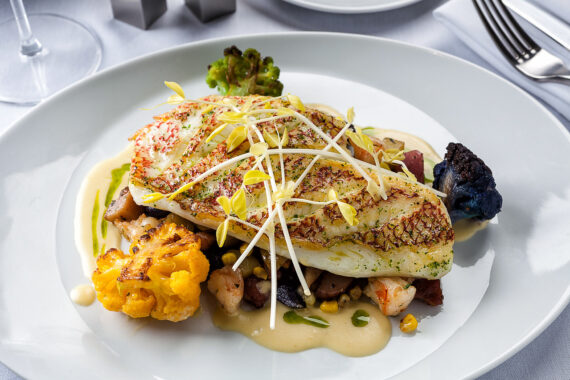 Plate with grilled fish and cauliflower