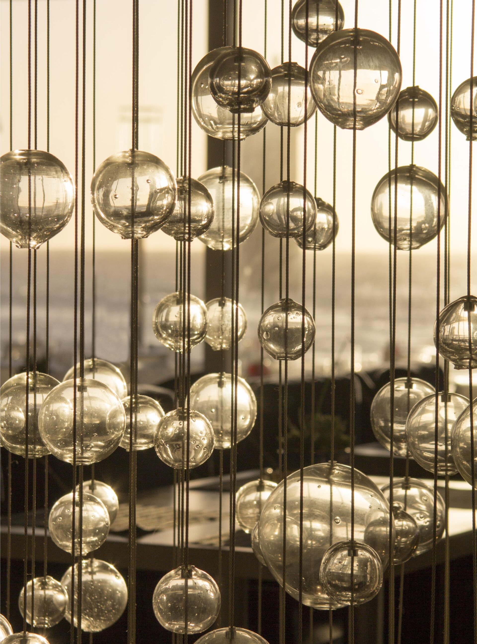 close up of a hanging glass balls chandelier
