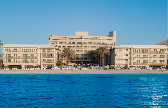 aerial view of Edgewater beach hotel taken over the water