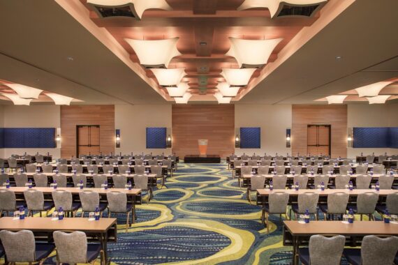 A large conference room with rows of tables and chairs facing a podium. The ceiling has modern light fixtures, and the carpet features a blue and green abstract pattern. Tables have notebooks and water bottles.